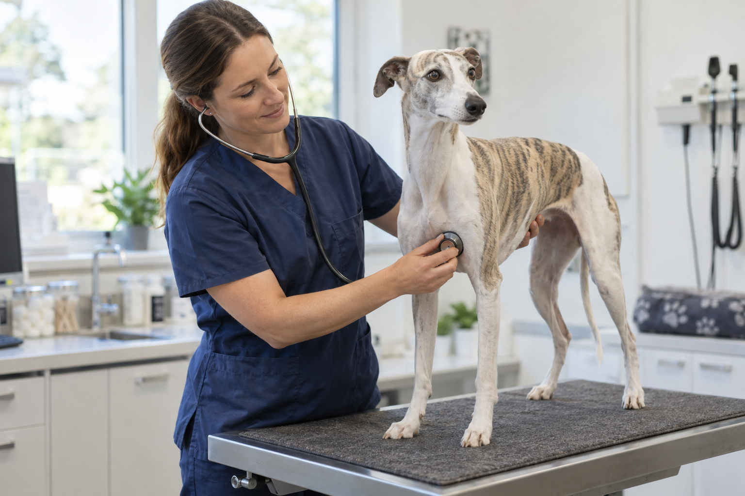 Veterinárka vyšetruje vipeta so zníženou chuťou do jedla